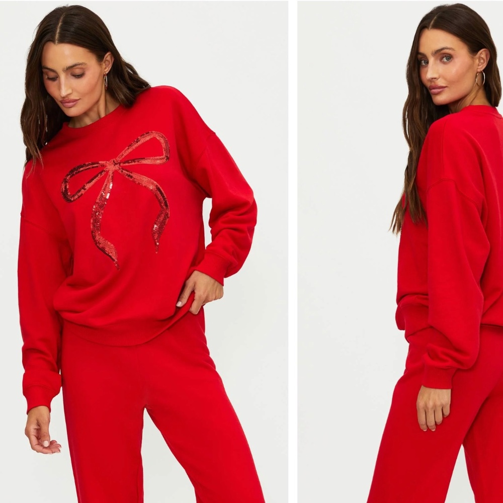 Beach Riot Devyn Alpine Crewneck Sweater Sweatshirt in RED SEQUIN BOW NWT